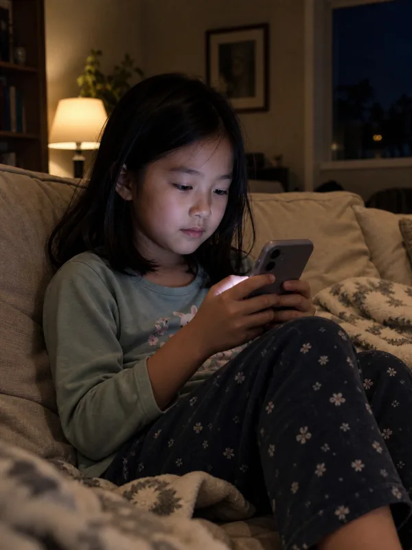 A young girl curled up on a couch at night, face lit by the phone she is looking at, with a lamp glowing behind her